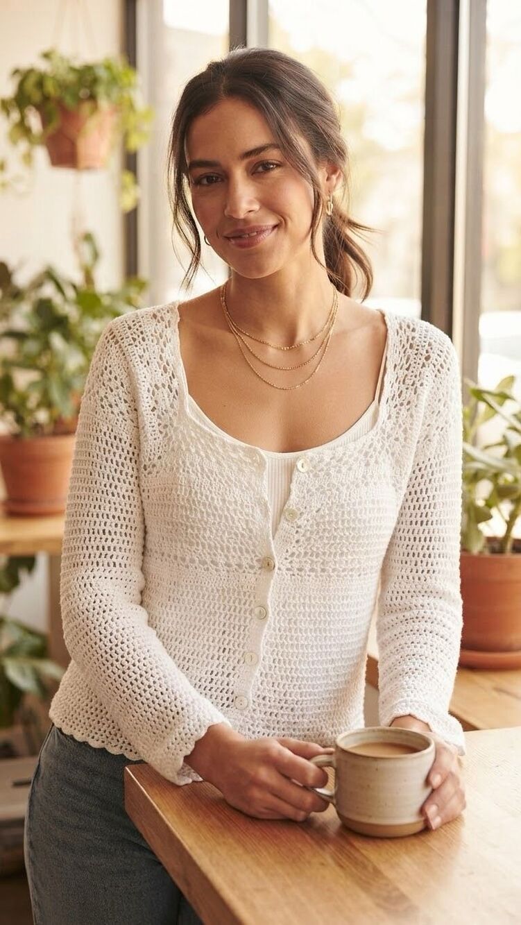 Eddie Bauer Vintage Hand Crocheted White Linen Cotton Button-Up Cardigan Sweater